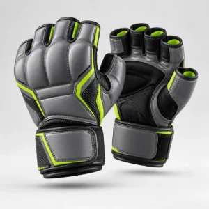 A pair of grey and green martial arts open palm training gloves with wrist straps.
