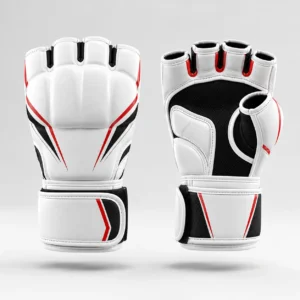 White martial arts training gloves with black and red accents, showing front and back views.