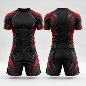 Front and back view of a martial arts athletic set with a black and red rash guard and