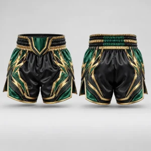 Front and back view of black martial arts shorts with green and gold lightning graphics.