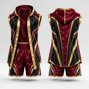 Martial arts sleeveless hooded robe and shorts set with black, red, and gold design.
