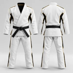 Front and back view of a white martial arts uniform with black and gold trim and a black