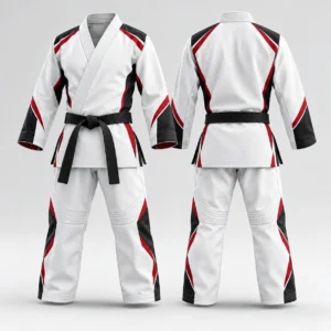 Front and back view of a white martial arts uniform with black and red accents and a black