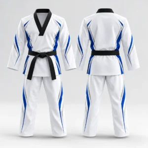 Front and back view of a white martial arts uniform with blue and grey accents and a black