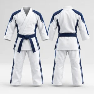 Front and back view of a white martial arts uniform with blue shoulder panels and matching belt.