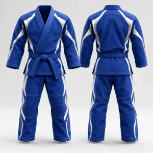 Front and back view of a blue martial arts uniform with white and silver panels and matching belt.