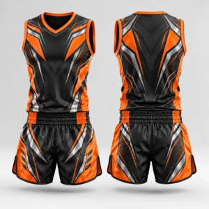 Front and back view of a martial arts uniform featuring an orange, black, and silver singlet and shorts.