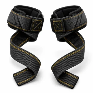A pair of black fitness lifting straps with padded wrist cuffs and contrast stitching on a white background.