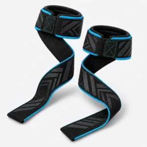 Padded weightlifting wrist straps with secure support cuffs and contrast edging.