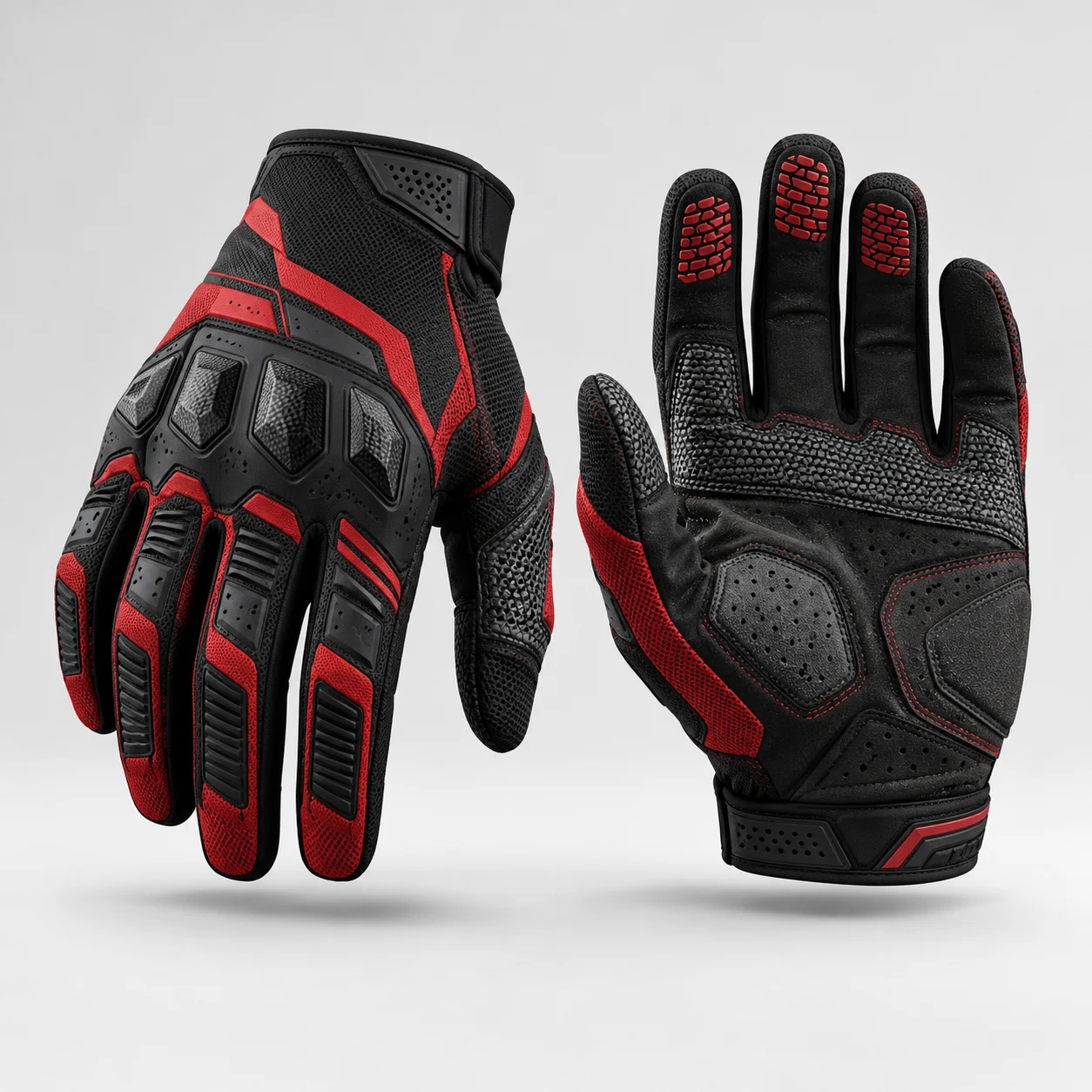 Red and black full-finger cycling gloves with protective knuckle plating and textured palm grips.