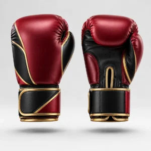 Pair of red, black, and gold martial arts boxing gloves shown from front and back angles.