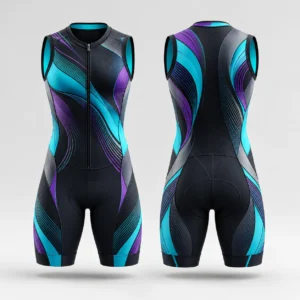 Front and back view of a sleeveless cycling skin suit with teal and purple wave graphics.