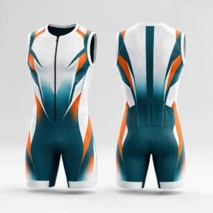 Front and back view of a sleeveless cycling wear in white, teal, and orange with rear pockets.